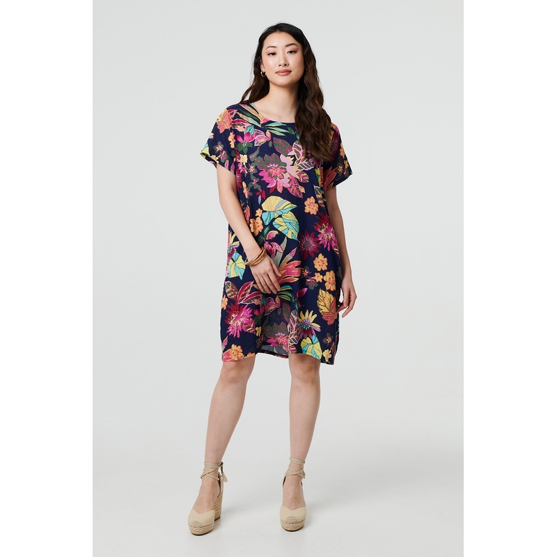 Tropical Print Knee Length Shift Dress Navy S