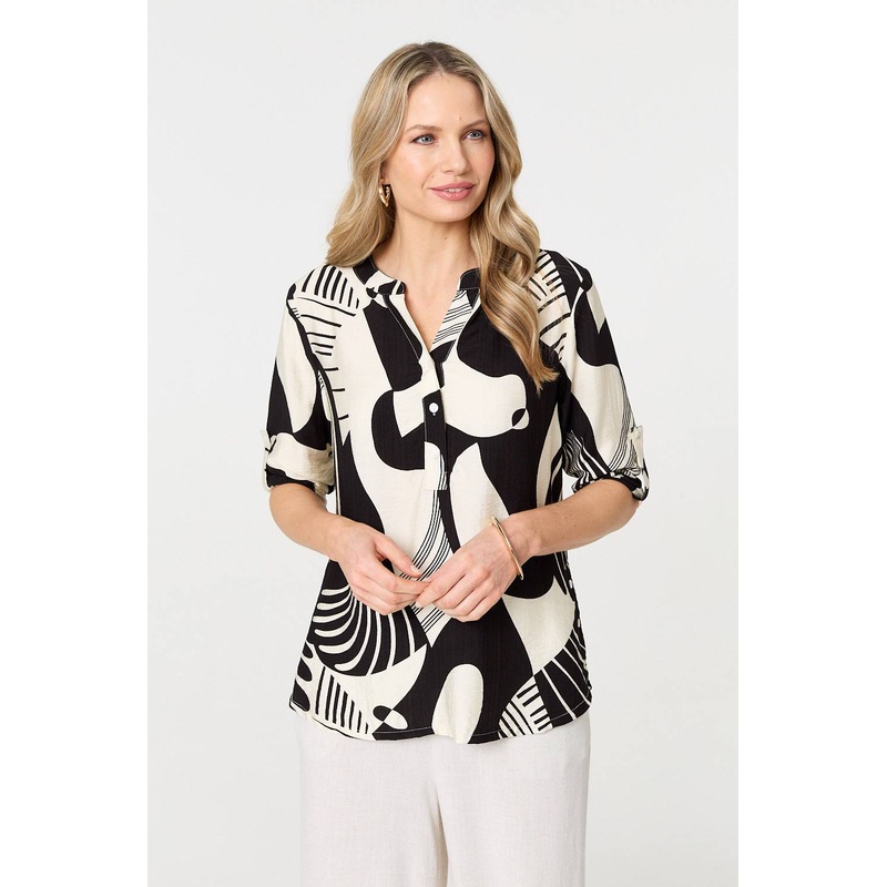 Abstract 3/4 Sleeve Button Detail Blouse Black 8
