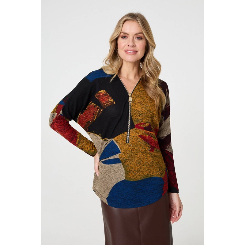 Abstract Zip V-Neck Long Sleeve Relaxed Top Red 8