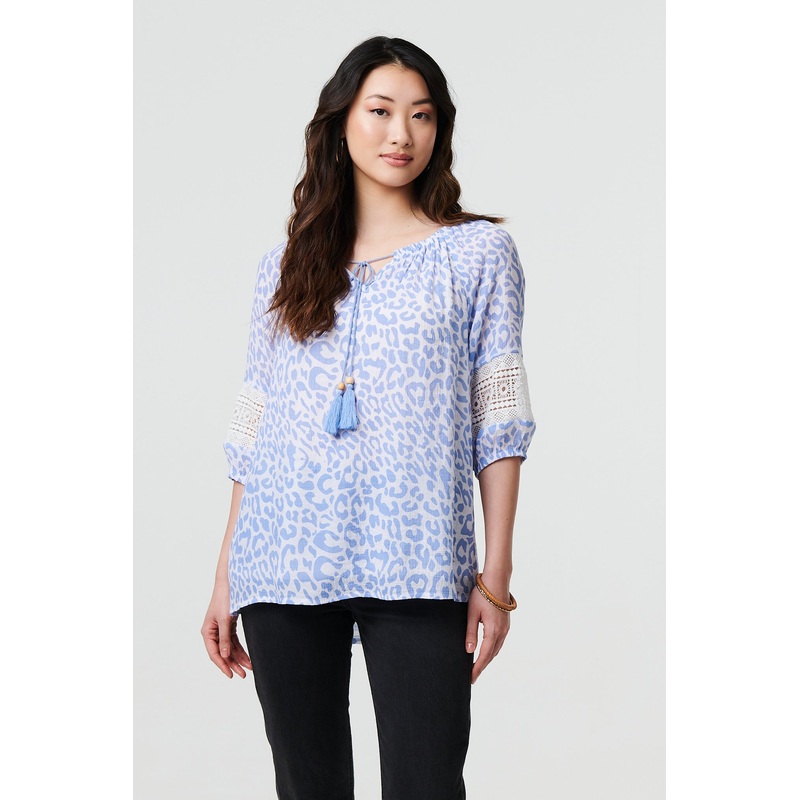 Animal Print Tassel Bardot Neck Blouse Blue 8