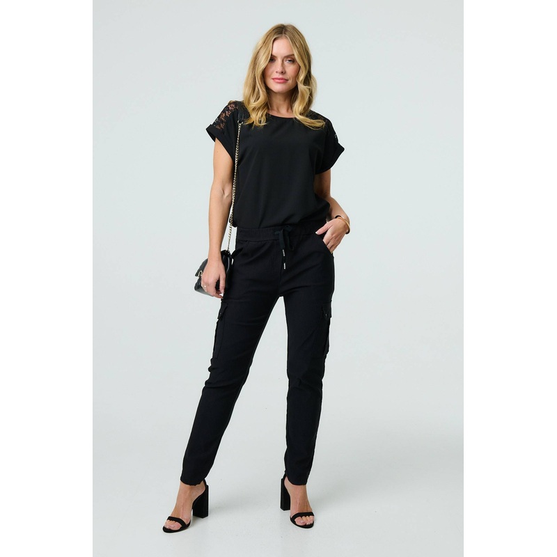 Drawstring Waist Slim Cargo Trousers Black 8