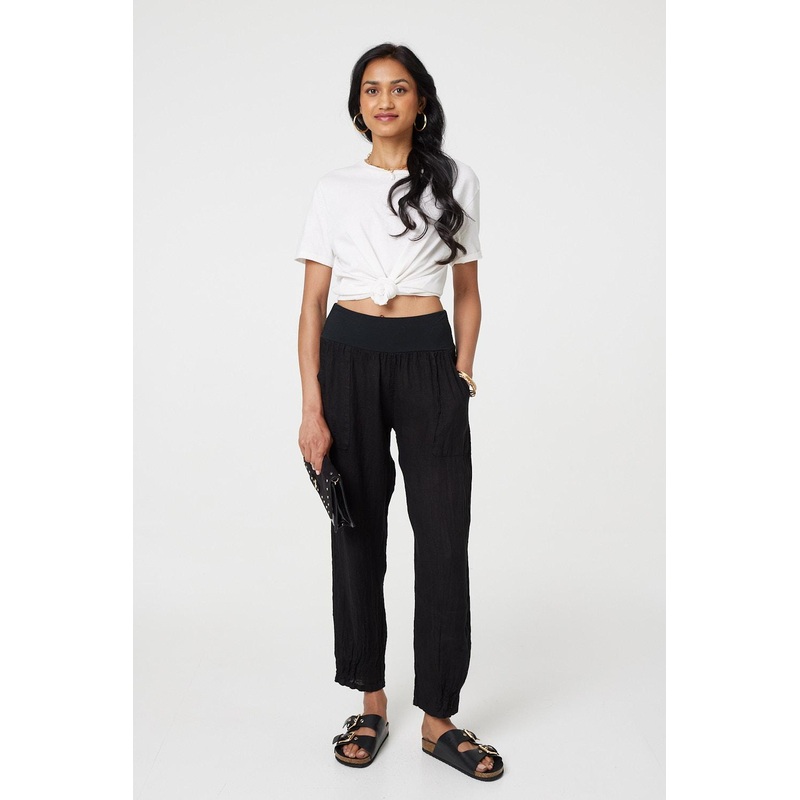 Relaxed Linen Blend Tapered Trousers Black 8