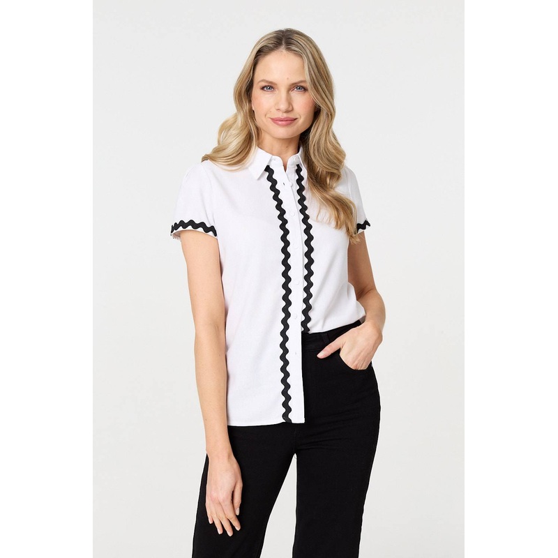 Zig Zag Trim Short Sleeve Shirt White 8