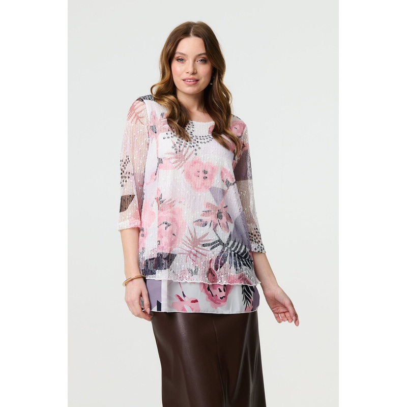 Abstract Print Mesh Layer 3/4 Sleeve Tunic Pink 8