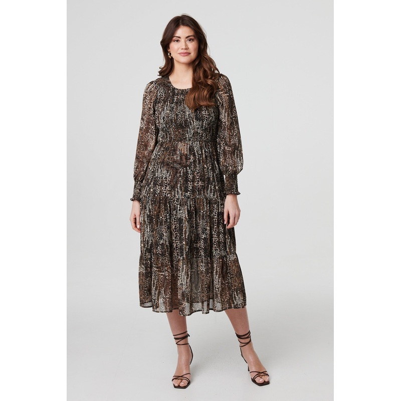 Animal Print Long Puff Sleeve Midi Dress Beige 8