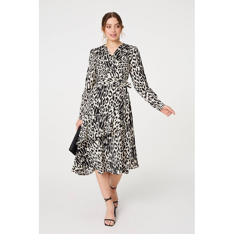 Animal Print Ruffled Midi Wrap Dress Black 8
