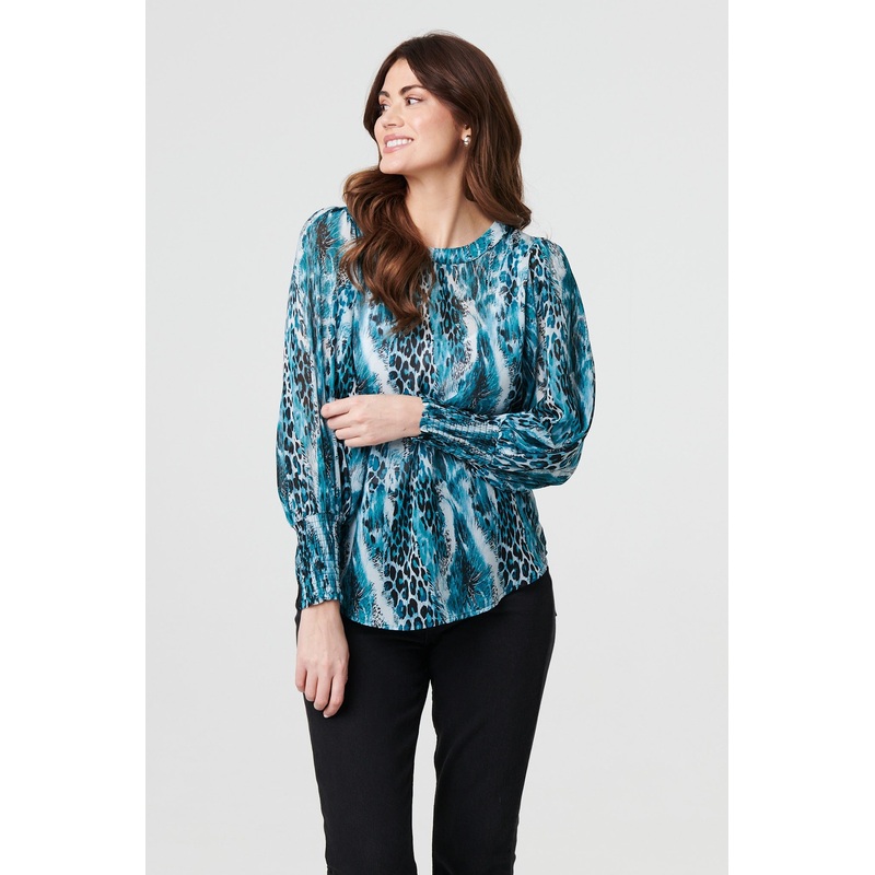 Animal Print Semi Sheer Blouse Top Blue 8
