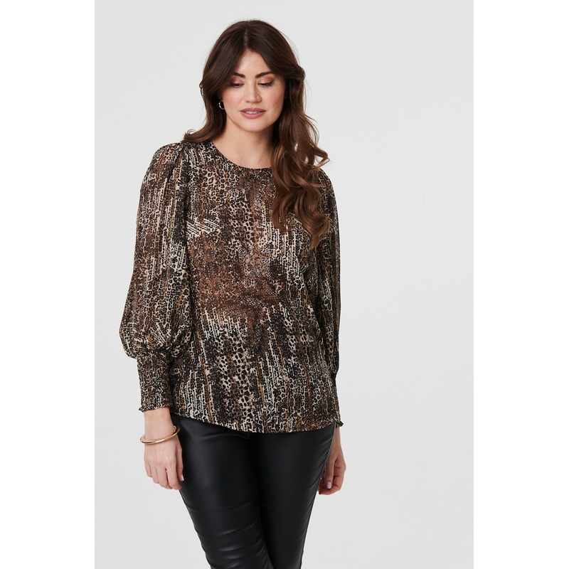 Animal Print Sheer Mesh Blouse Beige 8