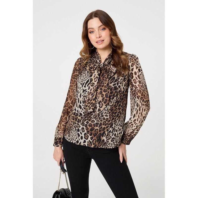 Animal Print Tie Neck Long Sleeve Blouse Beige 8
