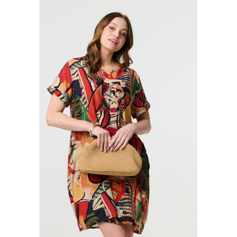 Abstract Print Relaxed Short Shift Dress Orange S/M