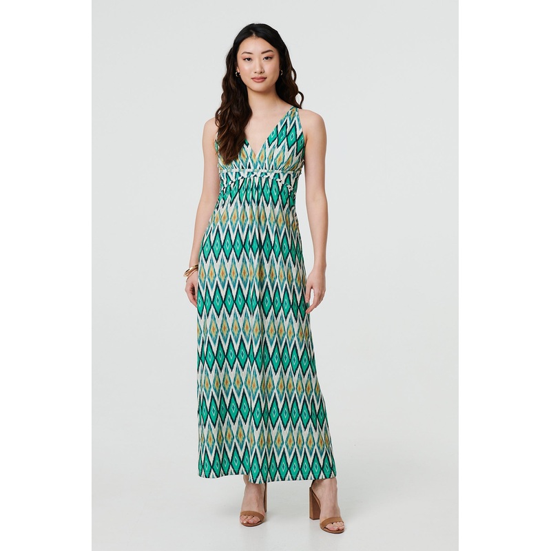 Abstract Print Sleeveless V-Neck Maxi Dress Green 8
