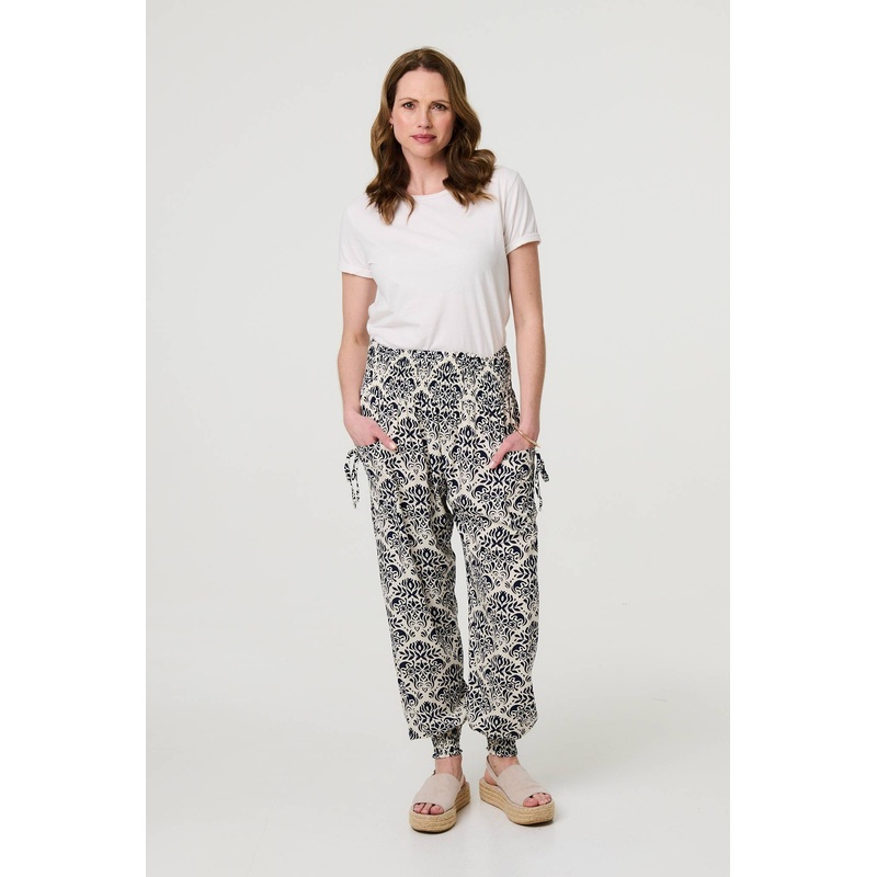 Ikat Print High Waist Tapered Harem Pants Navy 8