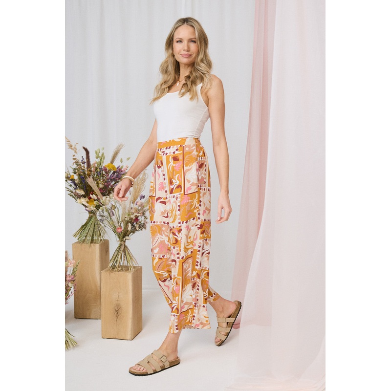 Patchwork Print High Waist Wide Leg Trousers Orange 8