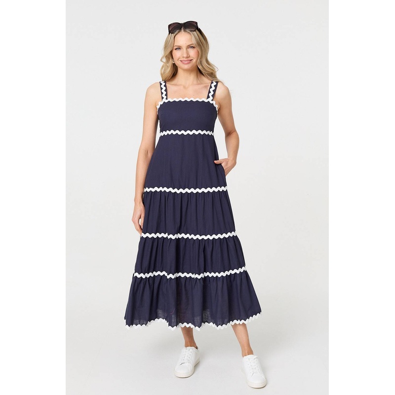 Zig Zag Trim Sleeveless Tiered Midi Dress Navy 8