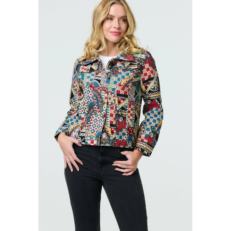Abstract Print Cropped Collared Jacket Red 8