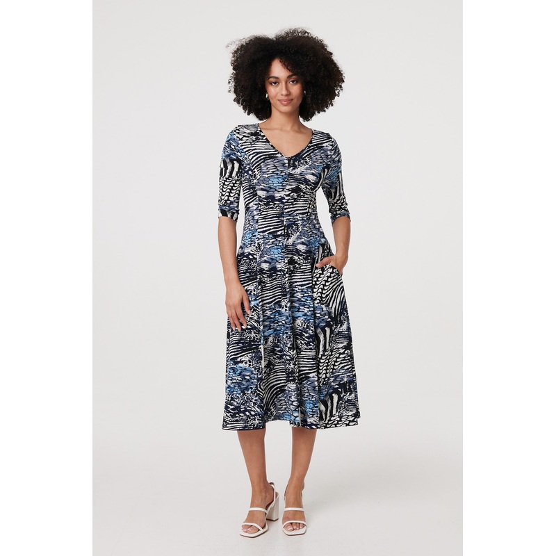 Abstract V-Neck 3/4 Sleeve Midi Dress Blue 8