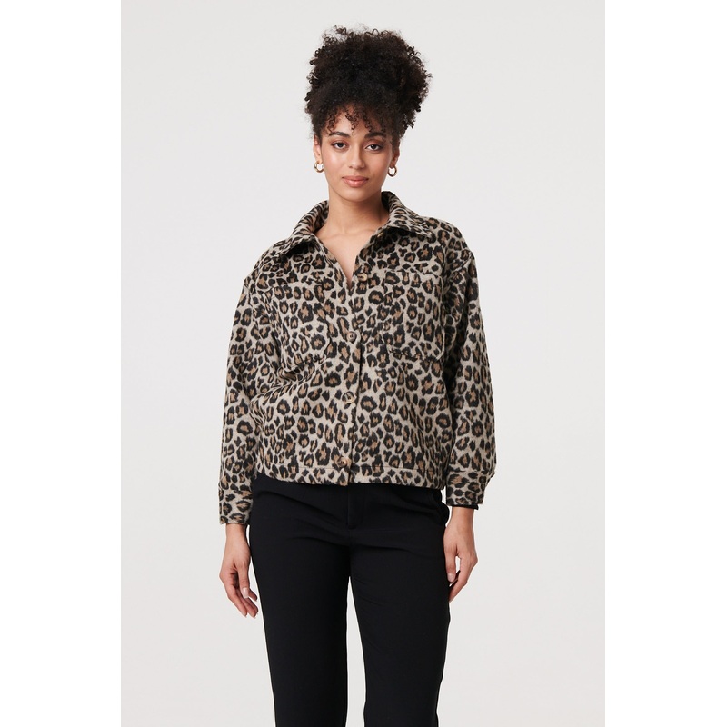 Animal Print Flannel Shirt Jacket Beige 8
