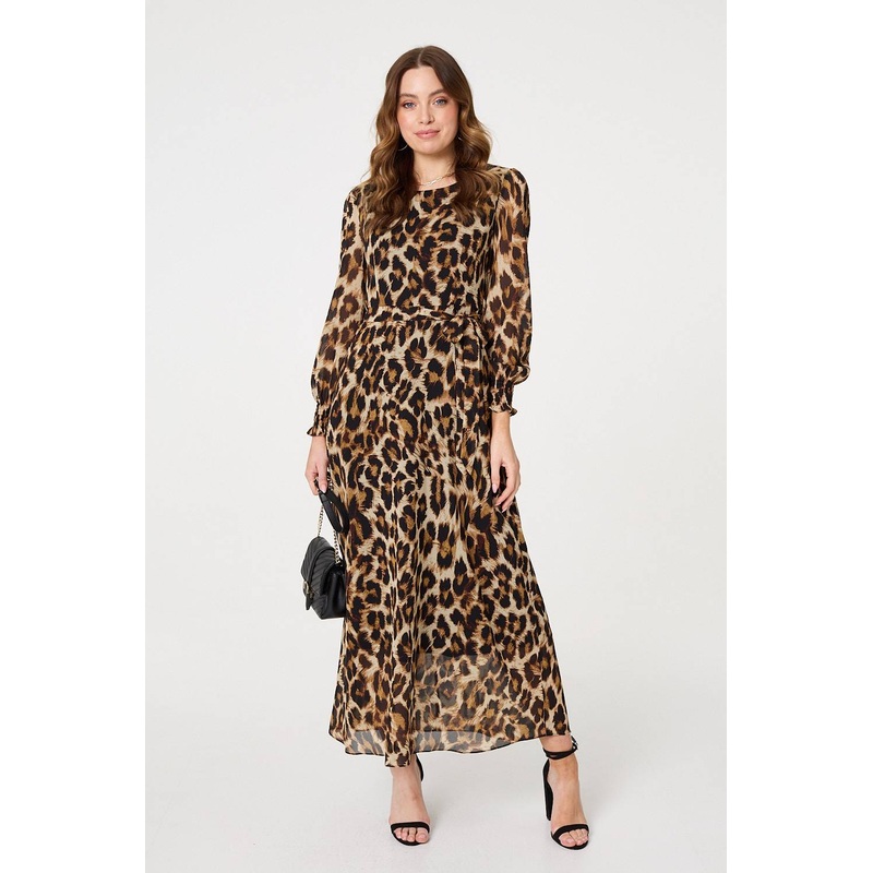 Animal Print Sheer Layered Maxi Dress Brown 8