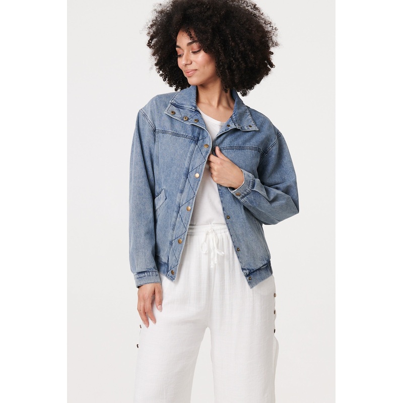 Zig Zag Stitch Long Sleeve Denim Jacket Blue 8/10