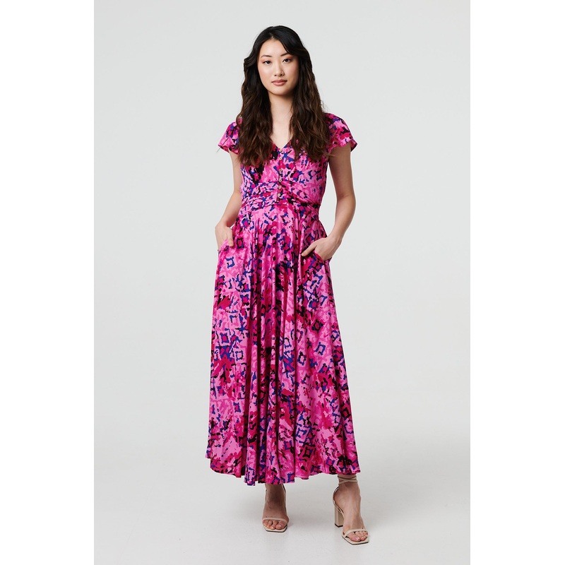 Abstract Ruched Waist Cap Sleeve Maxi Dress Pink 8