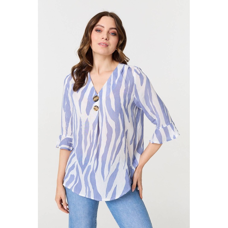 Animal Print 3/4 Flared Sleeve Blouse Blue 8