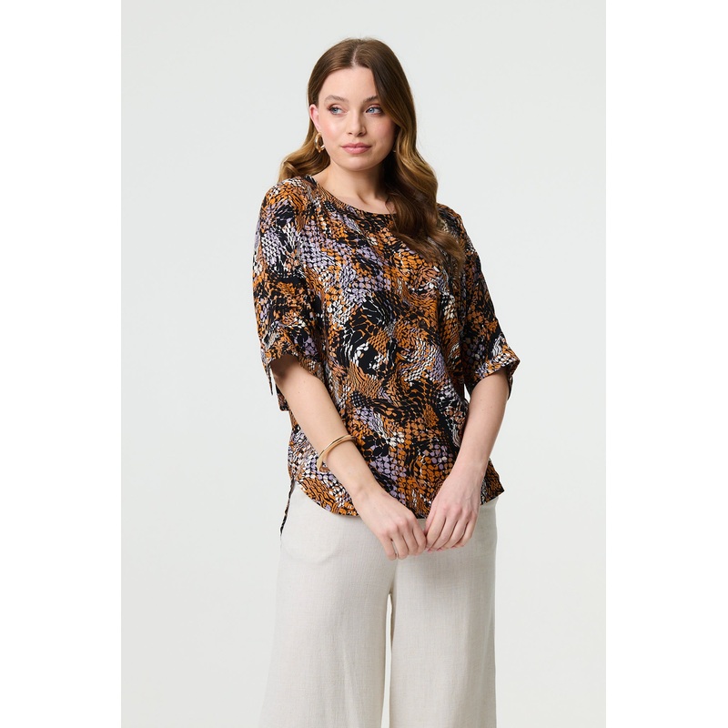 Animal Print 3/4 Sleeve Relaxed Top Black 8
