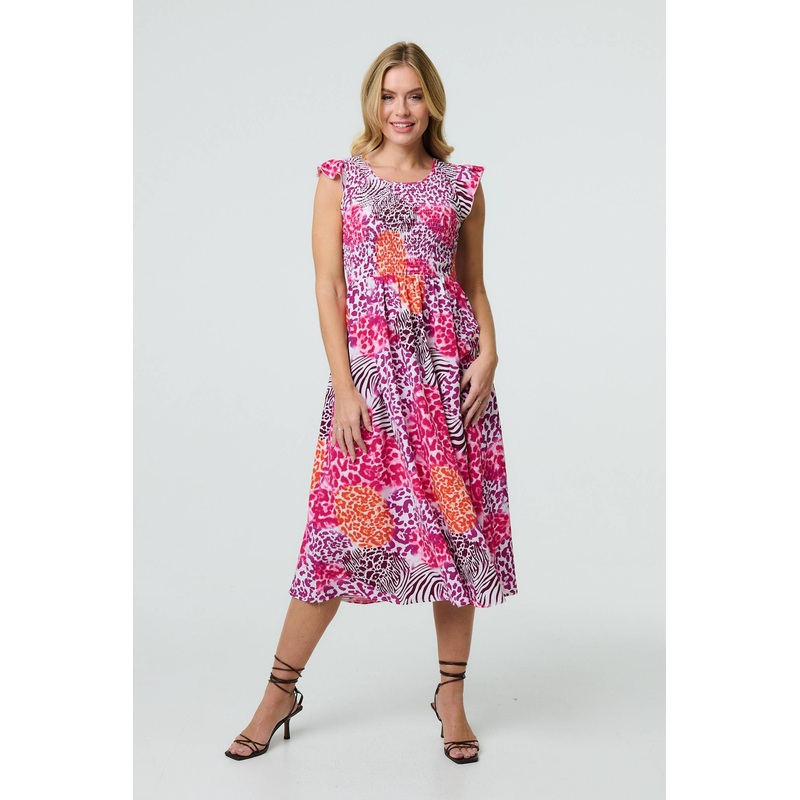Animal Print Cap Sleeve Smocked Midi Dress Pink 8