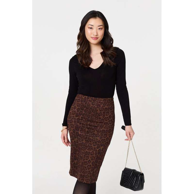 Animal Print Knee Length Pencil Skirt Brown 8