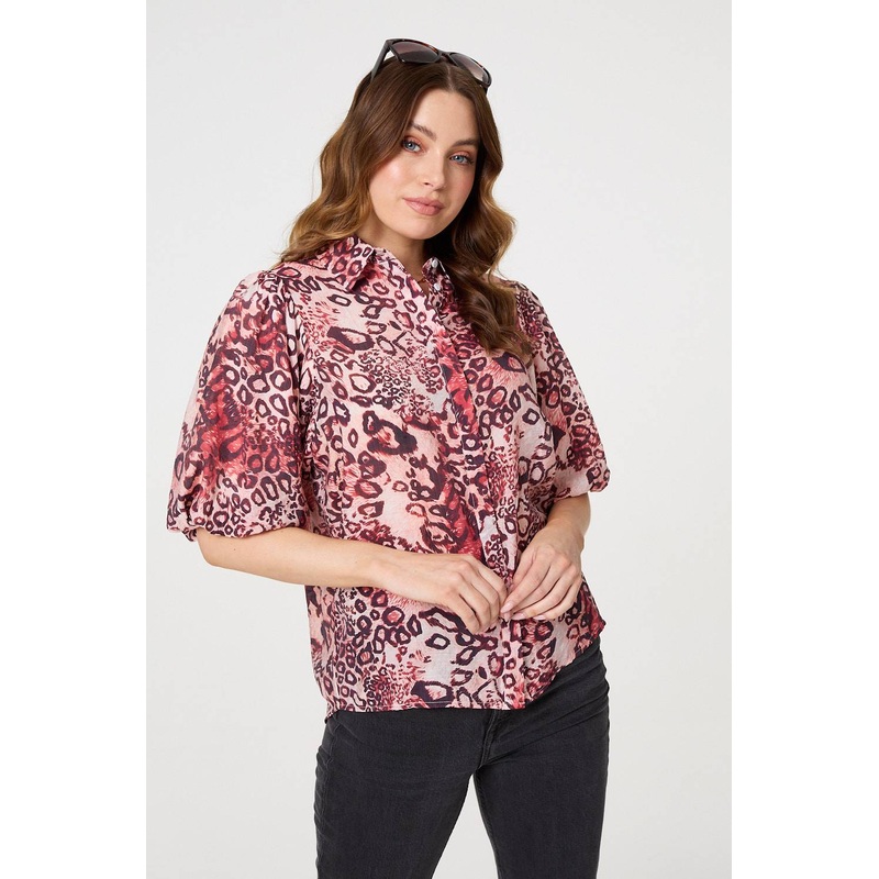 Animal Print Puff Sleeve Shirt Red 8