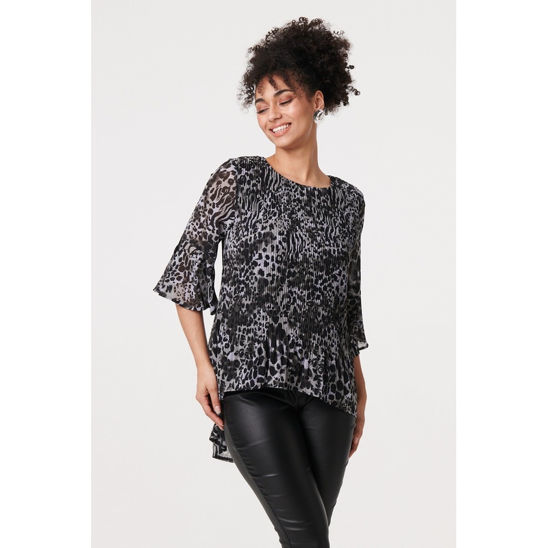 Animal Print Sheer Pleated Blouse Black 8