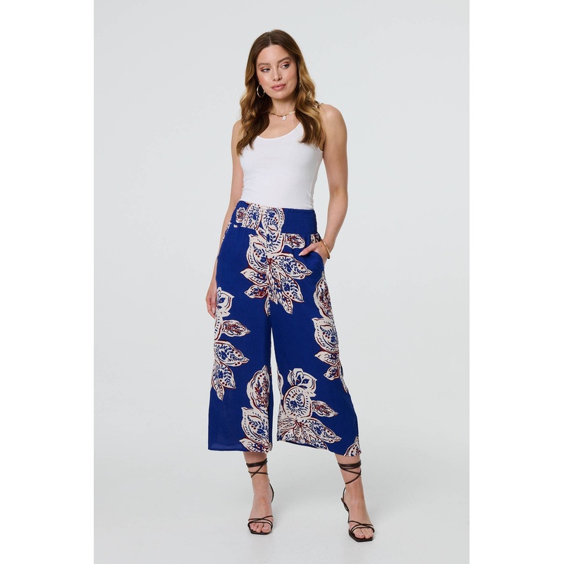 Leaf Print High Waist Wide Leg Trousers Blue 8