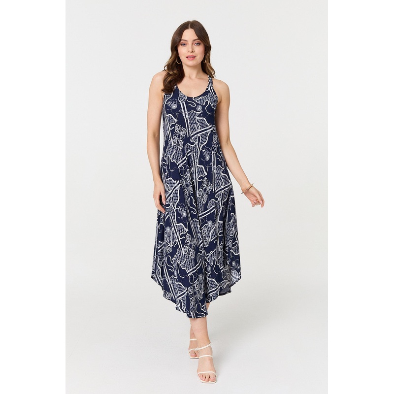 Abstract Sleeveless Swing Maxi Dress Navy 8