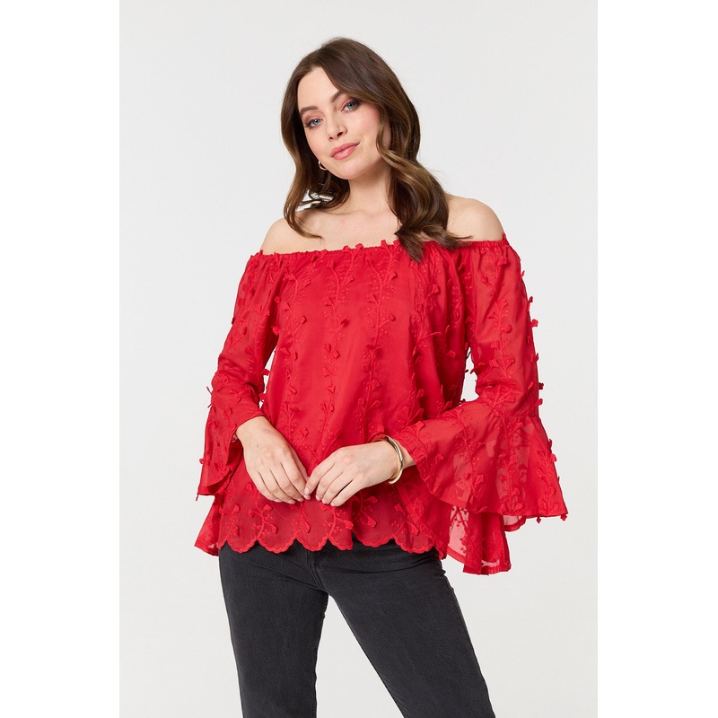 Textured Semi Sheer Bardot Blouse Red 8
