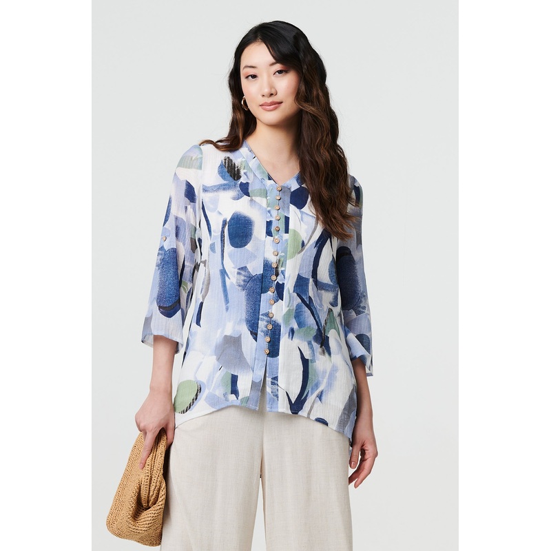 Abstract 3/4 Sleeve Curve Hem Shirt Blue 8