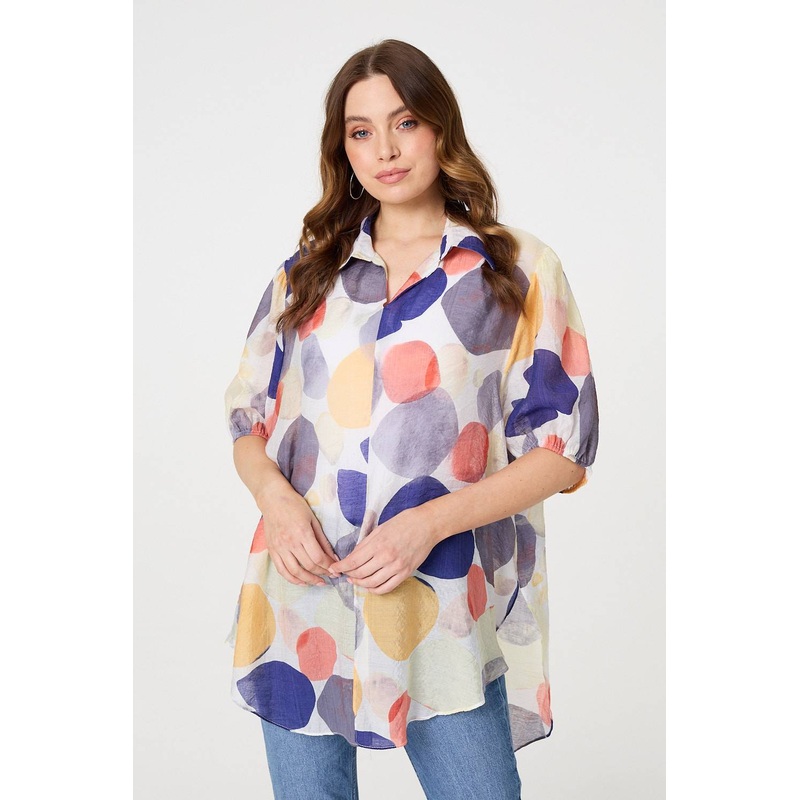 Abstract Semi Sheer High Low Shirt Blue S