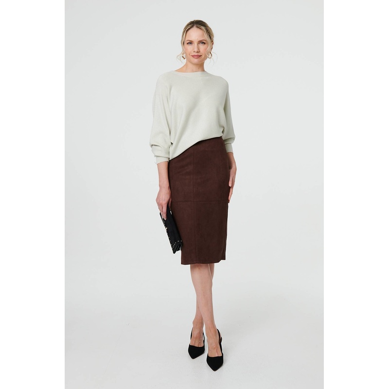 Faux Suede Knee Length Pencil Skirt Brown 8