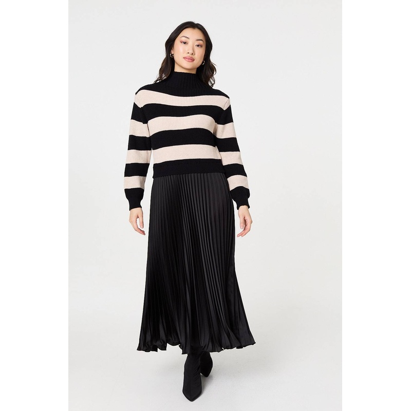 Striped High Neck Pleat Knit Maxi Dress Black S/M