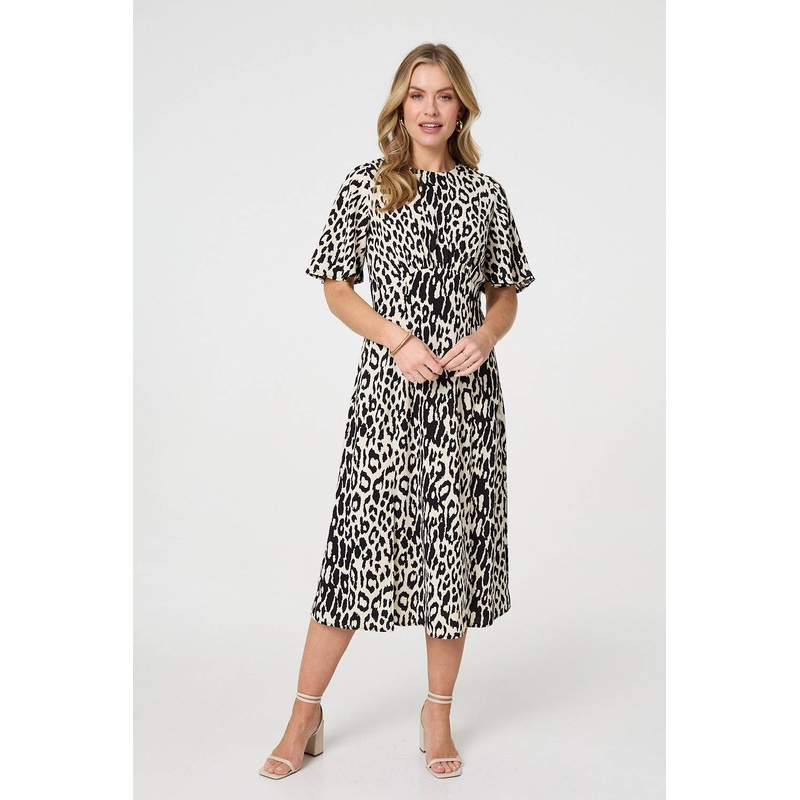 Animal Print 1/2 Flare Sleeve Midi Dress Black 8