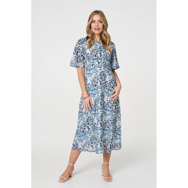 Animal Print Flared Sleeve Midi Dress Blue 8