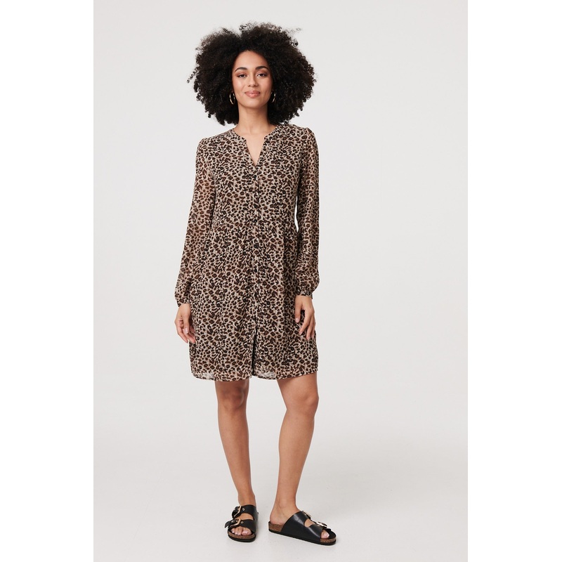 Animal Print Long Sleeve Short Dress Beige 8