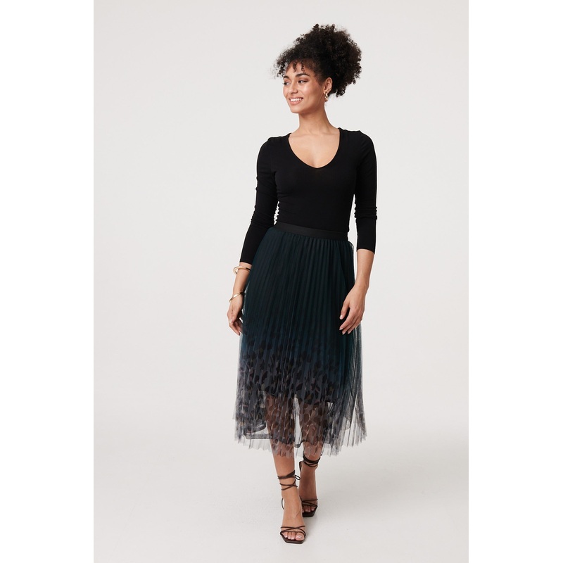 Printed High Waist Mesh Midi Skirt Black S