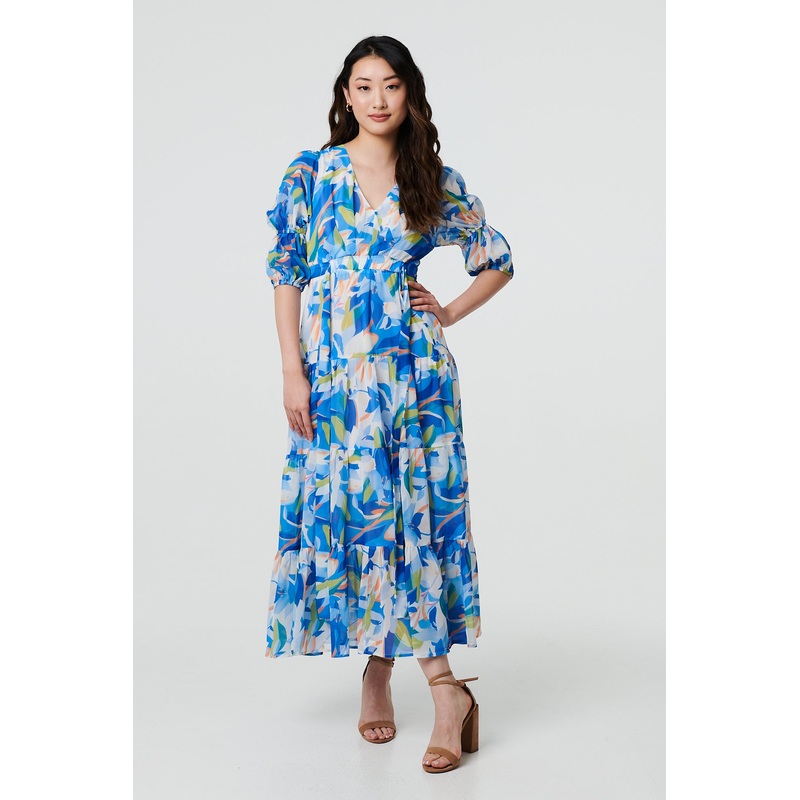 Abstract 3/4 Puff Sleeve Tiered Maxi Dress Blue 8