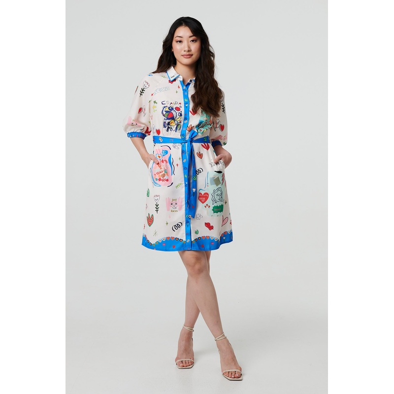 Abstract Tie Waist 3/4 Sleeve Shirt Mini Dress White 8