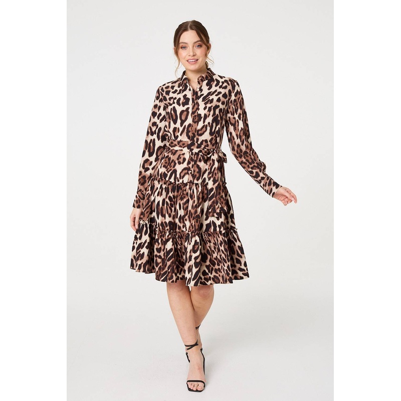 Animal Print Tiered Short Shirt Dress Beige 8