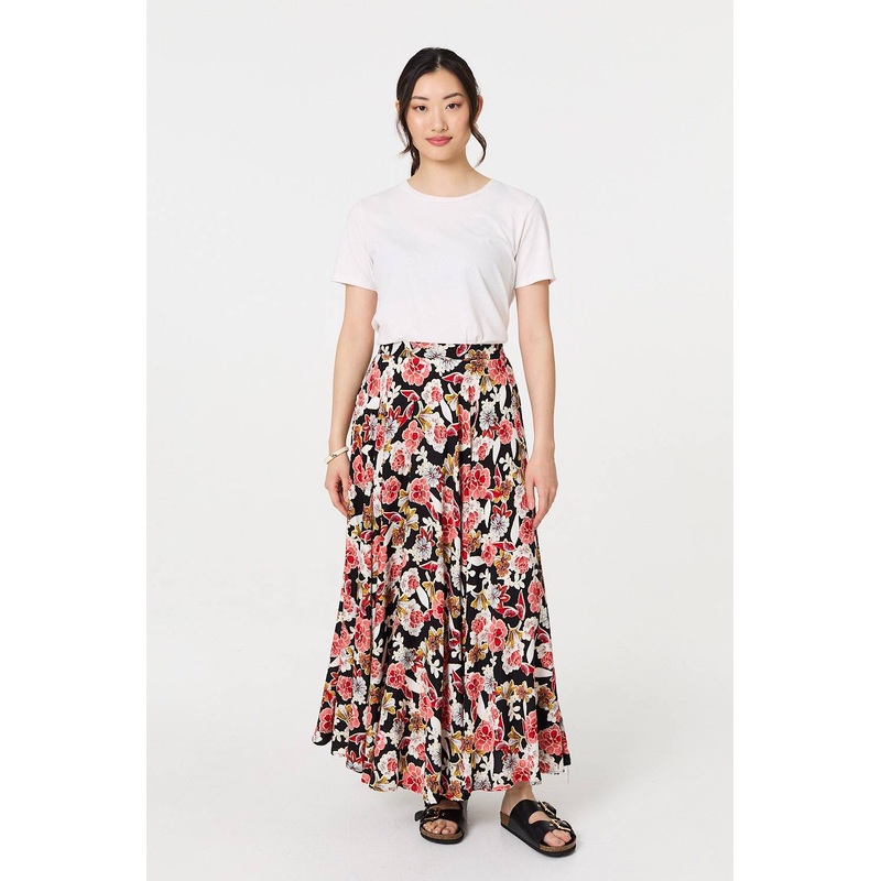 Floral High Waist A-Line Maxi Skirt Orange 8