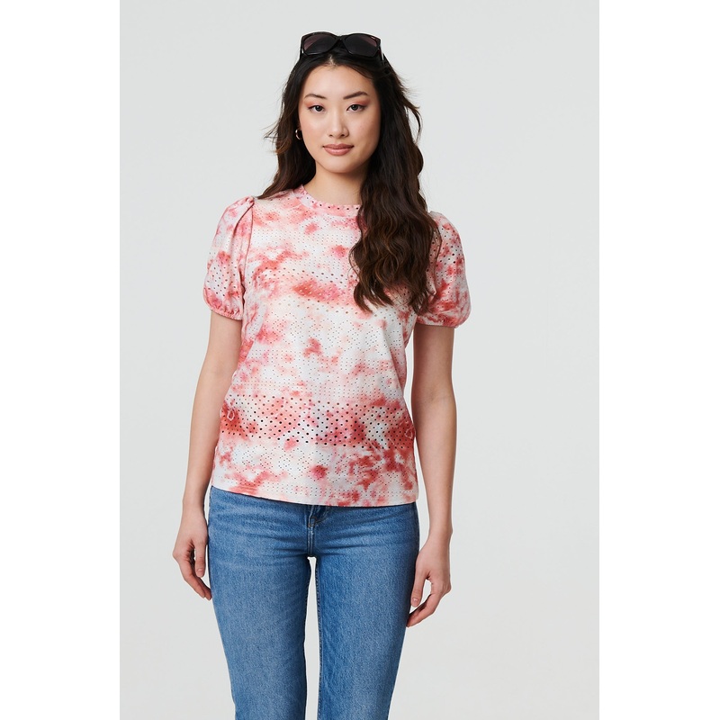 Tie Dye Cut Out Texture Short Sleeve Top Orange 8