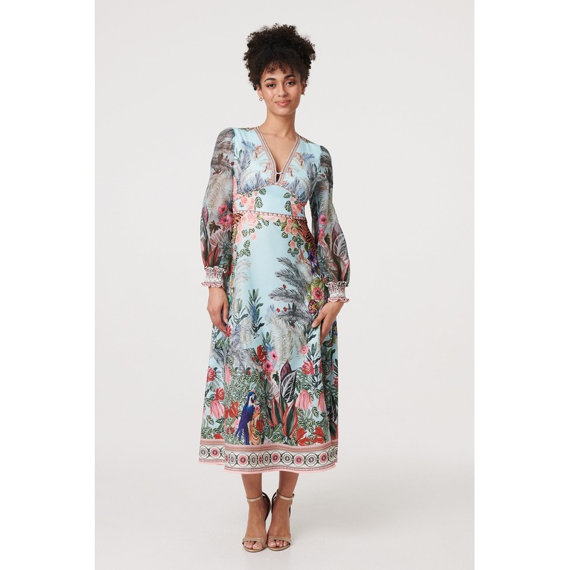 Tropical Print Empire Waist Midi Dress Green 8