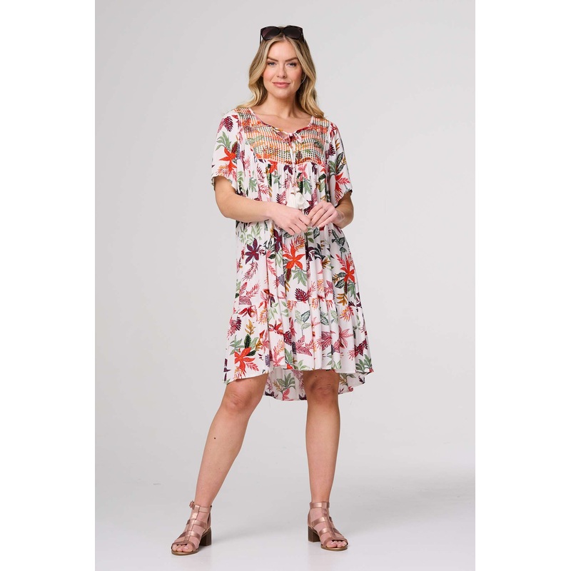 Tropical Print Tie Neck Knee Length Dress White 8