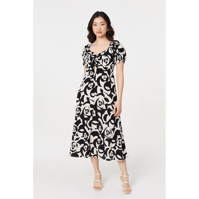 Abstract Tie Up Bardot Midi Dress Black 8
