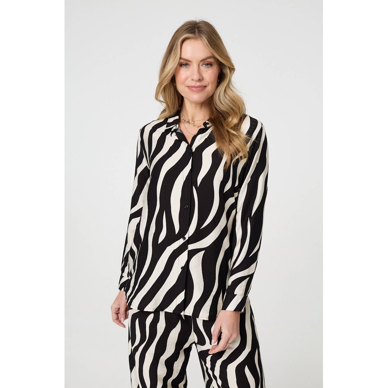 Zebra Print Long Sleeve Relaxed Shirt Black 8